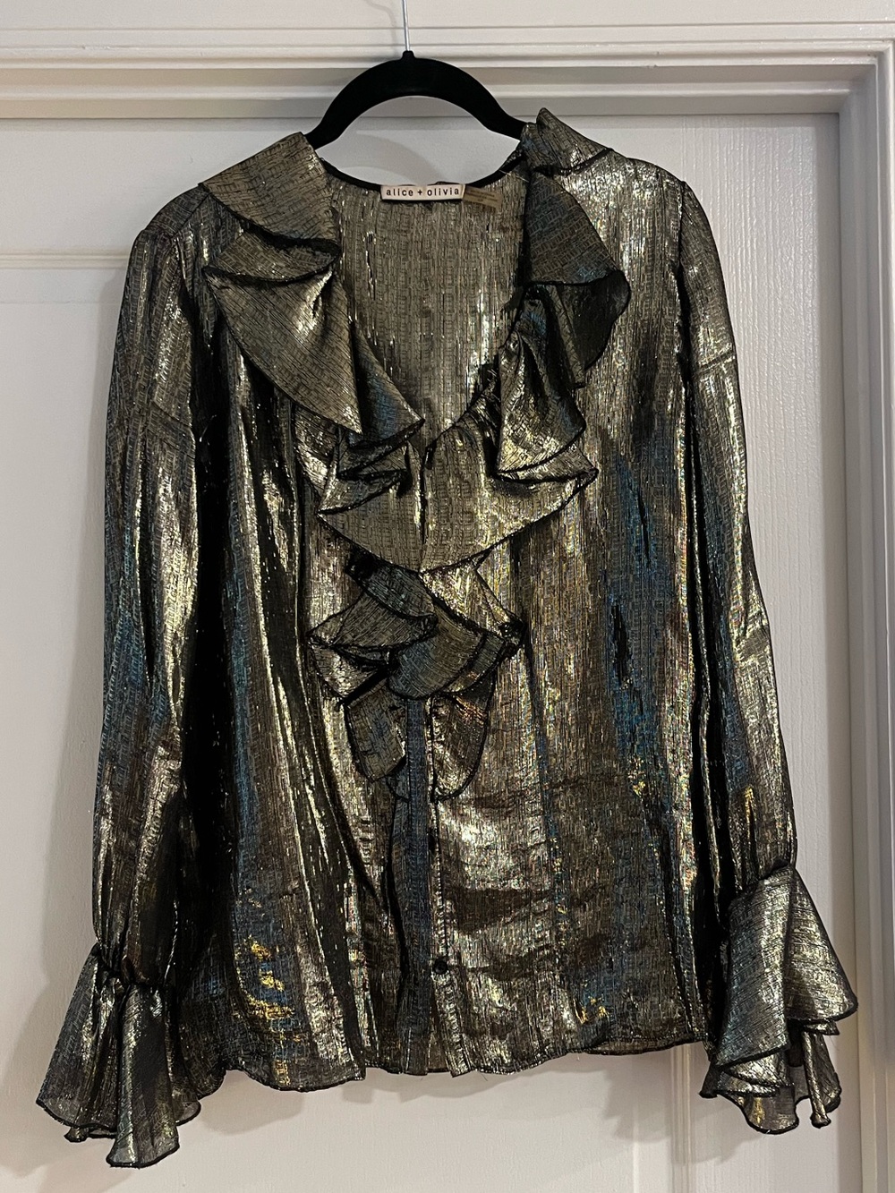 alice + olivia Metallic Ruffle Long-Sleeve Blouse - Gold/Black